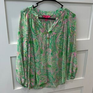 Lily Pulitzer Elsa silk Green and Pink Patterned Top
